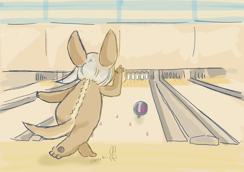 1other absurdres animal_ears artist_name ball bowling bowling_alley bowling_ball bowling_pin brown_fur full_body furry highres made_in_abyss nanachi_(made_in_abyss) nude other_focus rabbit_ears short_hair signature solo tail urabeazuki white_hair