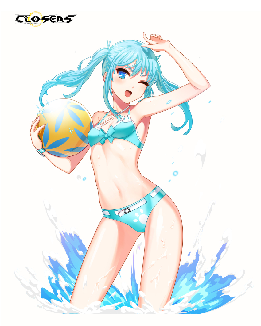 1girl ;d alternate_hair_color aqua_bikini aqua_bow aqua_hair arm_up ball bare_arms bare_shoulders beachball belt bikini blue_eyes bow bow_bikini breasts closers copyright_name cowboy_shot criss-cross_straps hands_up highres holding holding_ball holding_beachball logo long_hair looking_at_viewer navel official_art one_eye_closed open_mouth paw_print seulbi_lee small_breasts smile solo sparkle splashing stomach swimsuit twintails variant_set wading watch water wet white_background white_belt wristwatch