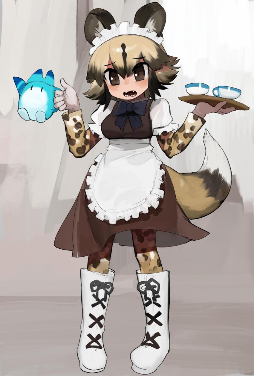 1girl african_wild_dog_(kemono_friends) african_wild_dog_print animal_ears animal_print apron black_hair blonde_hair blue_bow blue_bowtie boots bow bowtie breasts brown_dress brown_eyes cross-laced_footwear cup dog_ears dog_girl dog_tail dress flipped_hair frilled_apron frills full_body furrowed_brow hair_between_eyes hands_up highres holding holding_teapot jpeg_artifacts kemono_friends knee_boots lace-up_boots layered_sleeves legs_apart long_sleeves lucky_beast_(kemono_friends) maid maid_headdress medium_breasts multicolored_hair open_mouth pantyhose print_pantyhose puffy_sleeves raichiyo sharp_teeth short_hair solo standing tail teacup teapot teeth two-tone_hair underbust waist_apron white_apron white_boots