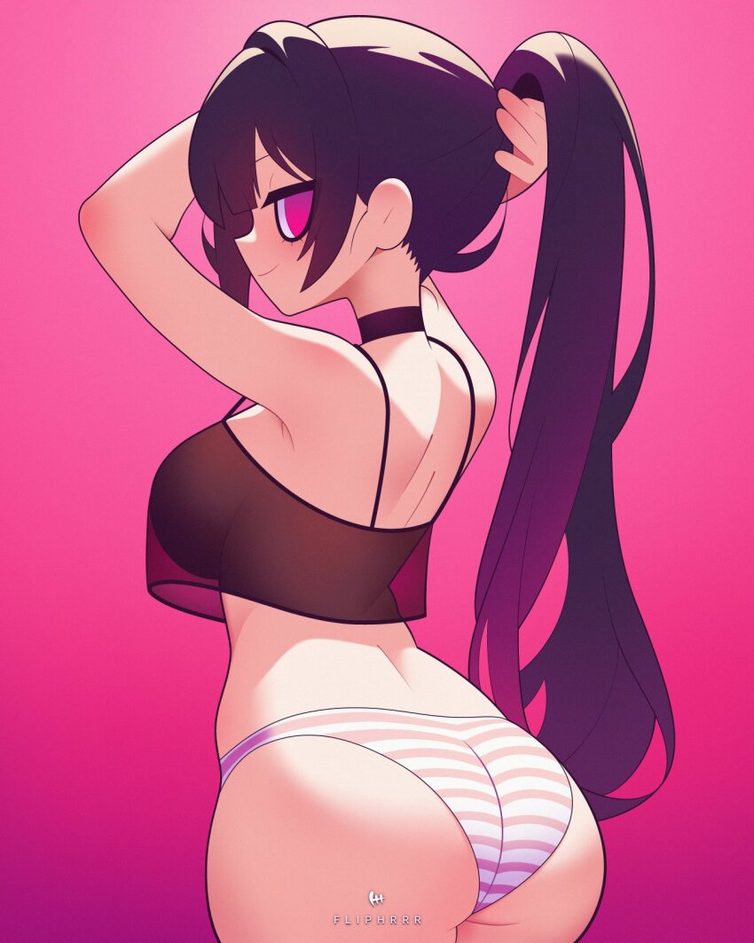 1girl arms_behind_head artist_name ass black_choker black_hair breasts choker closed_mouth commentary crop_top crop_top_overhang edith_(flipherrrr) english_commentary flipherrrr from_side highres holding holding_own_hair large_breasts long_hair looking_at_viewer no_pants no_pupils original panties pink_background ponytail profile purple_eyes see-through_clothes sideways_glance smile solo spaghetti_strap striped_clothes striped_panties underwear very_long_hair