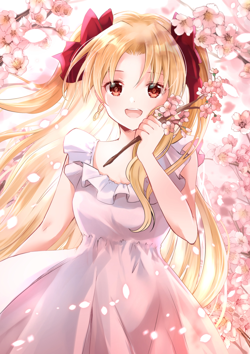 1girl :d blonde_hair bow branch breasts cherry_blossoms commentary_request dress earrings ereshkigal_(fate) fate/grand_order fate_(series) flower hair_bow hand_up highres holding holding_branch infinity_symbol iroha_(shiki) jewelry long_hair open_mouth parted_bangs petals pink_flower red_bow red_eyes sleeveless sleeveless_dress small_breasts smile solo teeth two_side_up upper_teeth_only very_long_hair white_dress