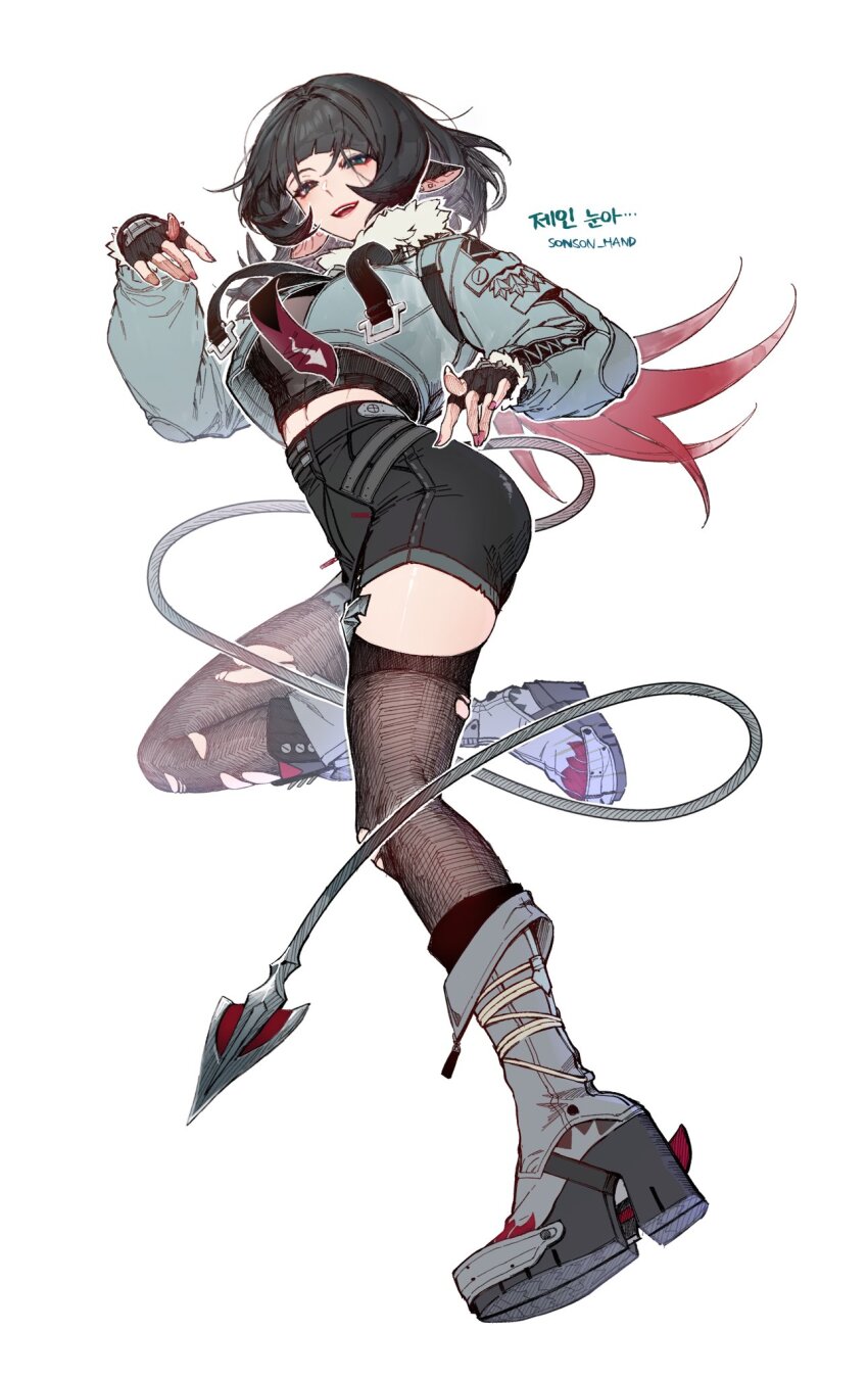 1girl animal_ears black_gloves black_hair black_shorts blue_eyes boots breasts crop_top fingerless_gloves full_body fur-trimmed_jacket fur_trim gloves grey_jacket hair_between_eyes high-waist_shorts highres jacket jane_doe_(zenless_zone_zero) korean_text long_sleeves mouse_ears mouse_girl mouse_tail necktie open_clothes open_jacket open_mouth pantyhose red_hair shorts simple_background single_leg_pantyhose single_thighhigh solo sonson_hand tail thighhighs torn_clothes torn_pantyhose torn_thighhighs twitter_username white_background zenless_zone_zero