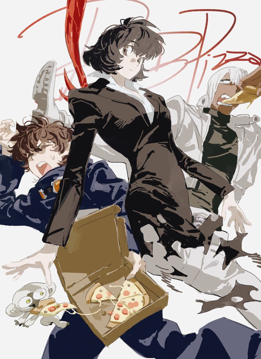 1girl 2024 2boys absurdres ash_(ash_proc) black_hair black_shirt black_suit blue_pants brown_eyes brown_hair chain_sumeragi dark-skinned_male dark_skin food food_in_mouth formal_clothes goggles goggles_around_neck highres jacket kekkai_sensen leonardo_watch monkey multiple_boys pants pizza pizza_box pizza_slice shirt sonic_speed_monkey suit torn_clothes white_hair white_jacket yellow_eyes zap_renfro