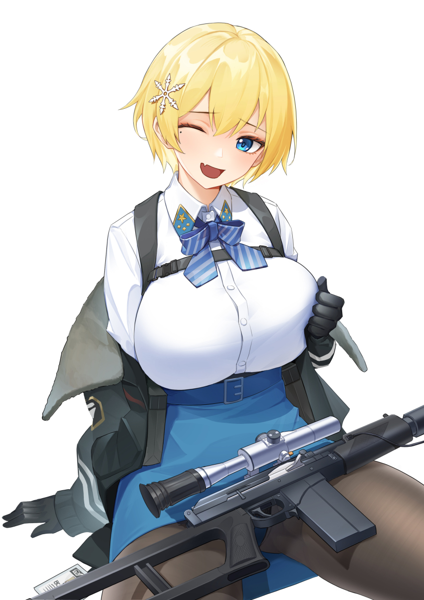 1girl absurdres black_gloves black_jacket black_pantyhose blonde_hair blue_eyes blue_skirt bow bowtie breasts cowboy_shot fang girls&#039;_frontline gloves gun hair_ornament highres jacket large_breasts lord-erica mole mole_under_eye one_eye_closed open_clothes open_jacket open_mouth pantyhose pencil_skirt police police_uniform policewoman rifle shirt short_hair sitting skin_fang skirt sniper_rifle snowflake_hair_ornament solo striped_bow striped_bowtie striped_clothes suppressor vsk-94 vsk-94_(girls&#039;_frontline) weapon white_background white_shirt