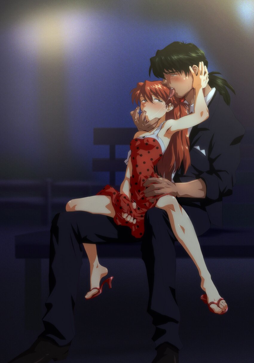 1boy 1girl absurdres amondetauro blush couple dress finger_in_another&#039;s_mouth hetero highres kaji_ryouji neon_genesis_evangelion orange_hair penis_grab red_dress saliva souryuu_asuka_langley tongue tongue_out