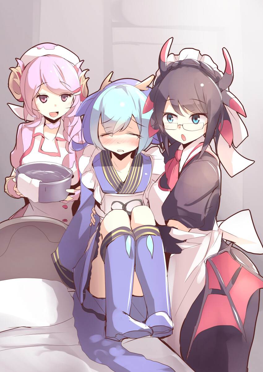 3girls absurdres apron basin bed black_hair blanket blue_footwear blue_hair blush boots braid braided_bun breasts carrying closed_eyes collarbone dragon_girl dragon_horns dragon_wings dress duel_monster frilled_apron frills green_eyes hair_between_eyes hair_bun hair_ornament hand_on_another&#039;s_back hat highres holding horns house_dragonmaid japanese_clothes kanzakietc knee_boots large_breasts laundry_dragonmaid long_sleeves maid maid_apron maid_headdress multiple_girls nurse nurse_cap nurse_dragonmaid open_mouth parted_lips pillow pink_eyes pink_hair princess_carry shoes short_hair short_twintails sick side_braid simple_background smile thighs towel twintails uncomfortable victorian_maid wa_maid water wet_towel white_apron wings worried yu-gi-oh!