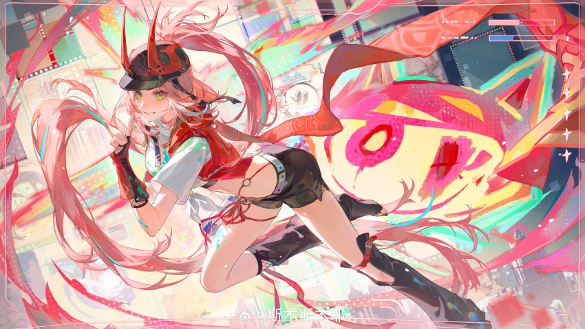 1girl absurdres arm_warmers baseball_cap belt black_footwear black_hat black_shorts fishnet_gloves fishnets floating_hair gloves green_eyes grin hand_up hat highres honkai:_star_rail honkai_(series) long_hair looking_at_viewer parted_lips pink_hair rappa_(honkai:_star_rail) red_arm_warmers running shirt short_sleeves shorts smile smusmuye solo stomach thigh_belt thigh_strap white_belt white_shirt