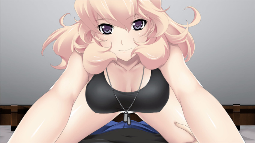 1boy 1girl black_tank_top blonde_hair blue_eyes breasts breasts_apart cleavage closed_mouth collarbone game_cg girl_on_top hair_between_eyes large_breasts leg_grab long_hair looking_at_viewer muv-luv muv-luv_alternative muv-luv_alternative_strike_frontier no_bra official_art panties pov sharon_heim sleeveless smile solo tank_top underwear white_panties