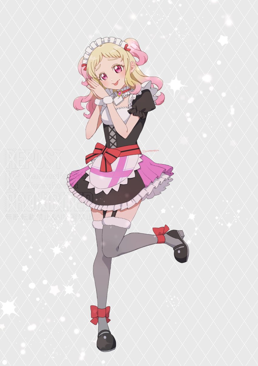 1girl :p apron argyle_background black_dress black_footwear blonde_hair blush boots bow commentary_request cosplay dress footwear_bow frilled_dress frills full_body fur-trimmed_boots fur_trim gradient_hair grey_background grey_footwear head_tilt highres leg_up long_hair looking_at_viewer love_live! love_live!_school_idol_project love_live!_superstar!! maid maid_headdress mogyutto_&quot;love&quot;_de_sekkin_chuu! multicolored_hair okome_maru onitsuka_natsumi own_hands_together palms_together pink_eyes pink_hair puffy_short_sleeves puffy_sleeves red_bow short_dress short_sleeves solo thigh_boots tongue tongue_out two_side_up waist_apron wavy_hair white_apron yazawa_nico yazawa_nico_(cosplay)