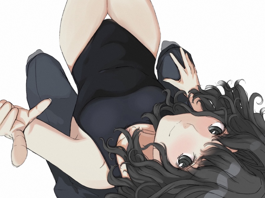 1girl 1other amagami black_eyes black_hair black_one-piece_swimsuit breasts closed_mouth commentary_request competition_swimsuit irodori-classical looking_at_viewer medium_breasts medium_hair messy_hair one-piece_swimsuit sitting smile swimsuit tanamachi_kaoru thigh_gap