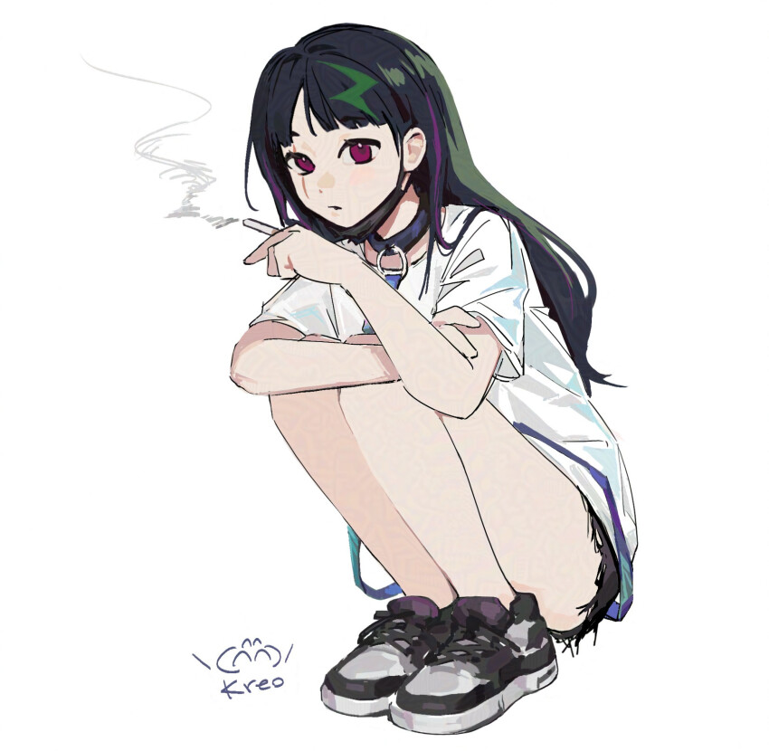 artist_name cigarette coqui_saporana frog_girl indie_virtual_youtuber kreo red_eyes shoes squatting white_background