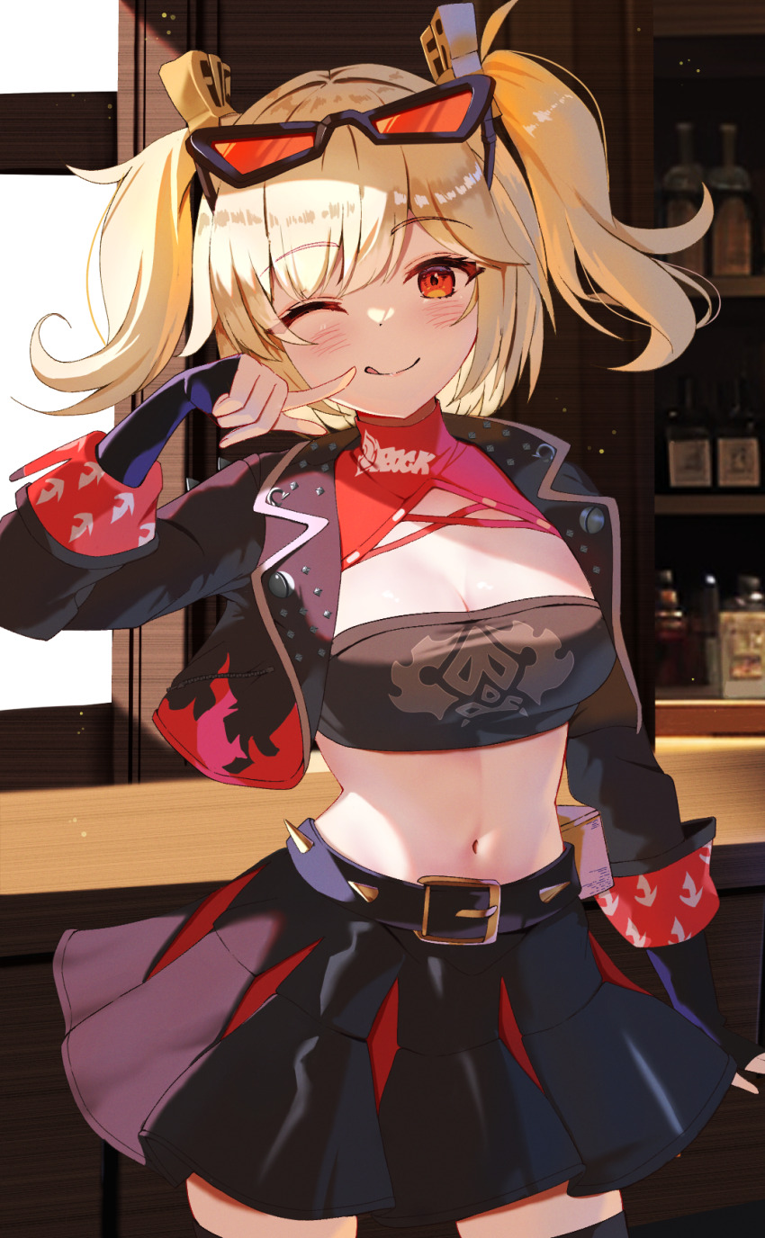 1girl ;q belt black_belt black_jacket black_skirt black_thighhighs blonde_hair blush breasts burnice_white cleavage commentary cowboy_shot eyewear_on_head file112056 finger_to_mouth hair_between_eyes highres jacket large_breasts long_hair looking_at_viewer midriff navel one_eye_closed red-tinted_eyewear red_eyes sidelighting sidelocks skirt smile solo spiked_belt sunglasses thighhighs tinted_eyewear tongue tongue_out twintails zenless_zone_zero