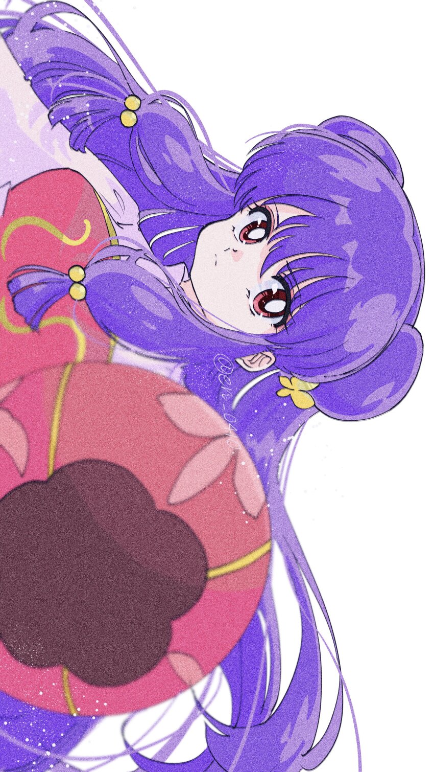 1girl absurdres aiming aiming_at_viewer artist_name butterfly_hair_ornament chinese_clothes chui_(weapon) commentary double_bun en_0410 hair_bobbles hair_bun hair_ornament highres long_hair portrait purple_hair ranma_1/2 red_eyes shampoo_(ranma_1/2) sideways simple_background solo white_background