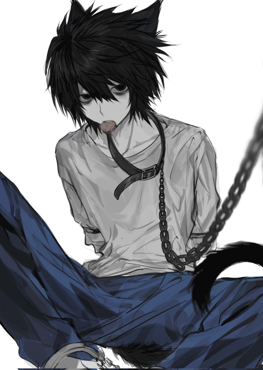 1_7iil0 1boy animal_ears arms_behind_back black_eyes black_hair cat_ears cat_tail chain chain_leash collar death_note denim highres jeans l_(death_note) leash looking_at_viewer male_focus pale_skin pants shirt short_hair simple_background solo tail viewer_holding_leash white_background white_shirt