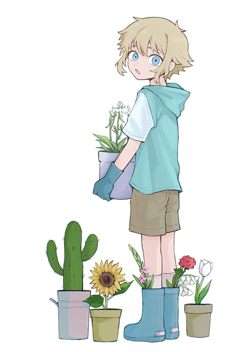 1boy absurdres alternate_costume antenna_hair basil_(faraway)_(omori) basil_(omori) blonde_hair blue_boots blue_eyes blue_gloves boots brown_shorts cactus egret_orchid flower flower_pot gladiolus gloves highres holding holding_flower_pot hood hoodie lily_of_the_valley looking_at_viewer male_focus omori open_mouth orchid pink_flower plant potted_plant red_flower red_rose revision rose sebon_(sebochin) short_hair short_sleeves shorts socks solo sunflower tulip white_flower white_socks white_tulip yellow_flower