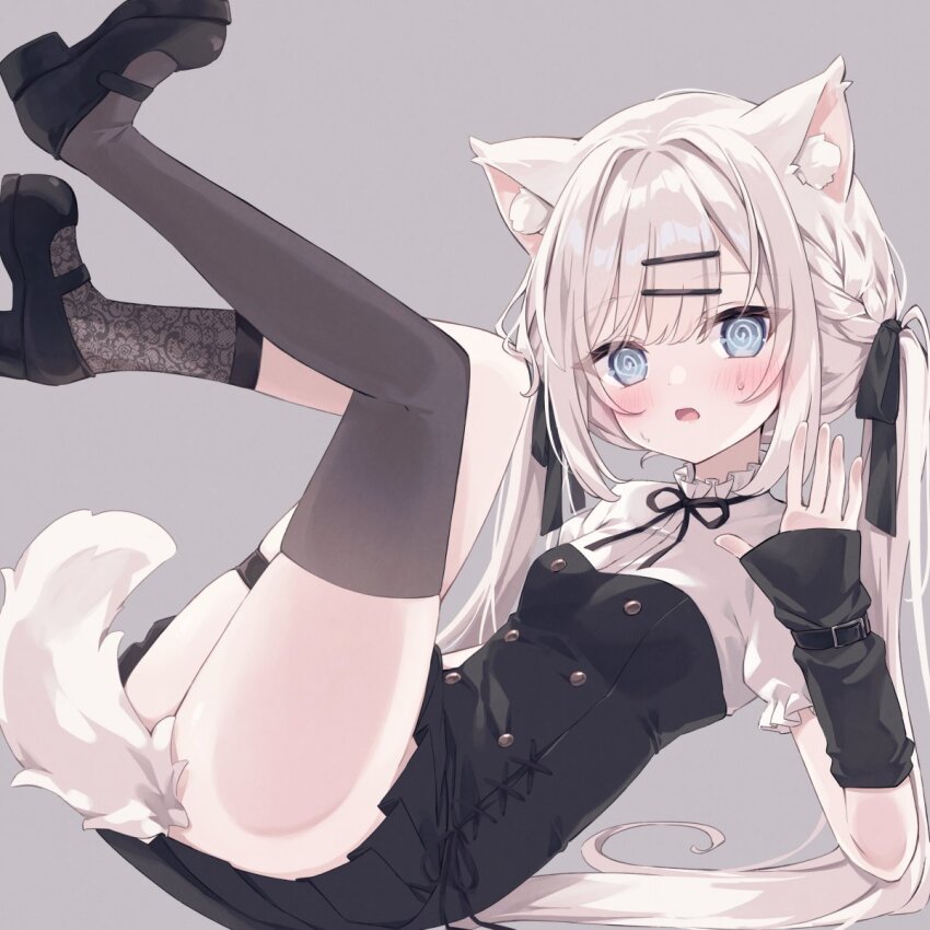 1girl @_@ against_fourth_wall animal_ear_fluff animal_ears black_bow black_dress black_footwear black_ribbon blue_eyes blush bow braid breasts brown_socks brown_thighhighs commentary_request dress grey_background grey_hair hair_bow hair_intakes hair_ornament hairclip highres hoshi_(snacherubi) neck_ribbon open_mouth original pleated_dress puffy_short_sleeves puffy_sleeves ribbon shirt shoes short_sleeves simple_background single_sock single_thighhigh skindentation small_breasts socks solo sweat tail thigh_strap thighhighs twintails white_shirt