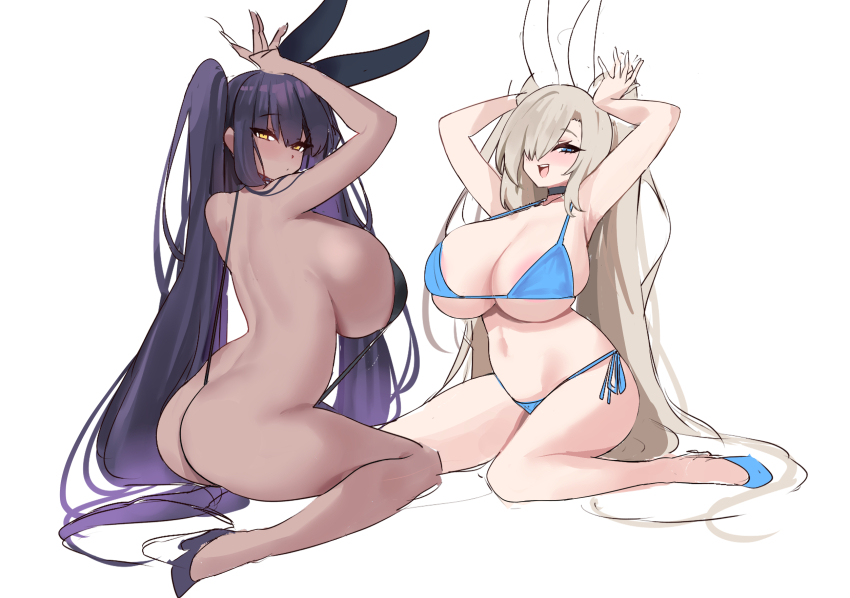 2girls animal_ears areola_slip armpits arms_up ass asuna_(blue_archive) back bare_shoulders bikini black_bikini black_hair black_one-piece_swimsuit black_slingshot_swimsuit blonde_hair blue_archive blue_bikini blue_eyes blush breasts cleavage curvy dark-skinned_female dark_skin deep_skin fake_animal_ears from_behind full_body funaya_(a2brasd) hair_between_eyes hair_over_one_eye high_heels highres huge_breasts karin_(blue_archive) kneeling long_hair looking_at_viewer looking_back looking_to_the_side micro_bikini multiple_girls navel nude one-piece_swimsuit open_mouth purple_hair rabbit_ears rabbit_pose revealing_clothes side-tie_bikini_bottom sideboob simple_background sitting skindentation slingshot_swimsuit smile string_bikini swimsuit thighs thong thong_bikini very_long_hair wariza white_background yellow_eyes