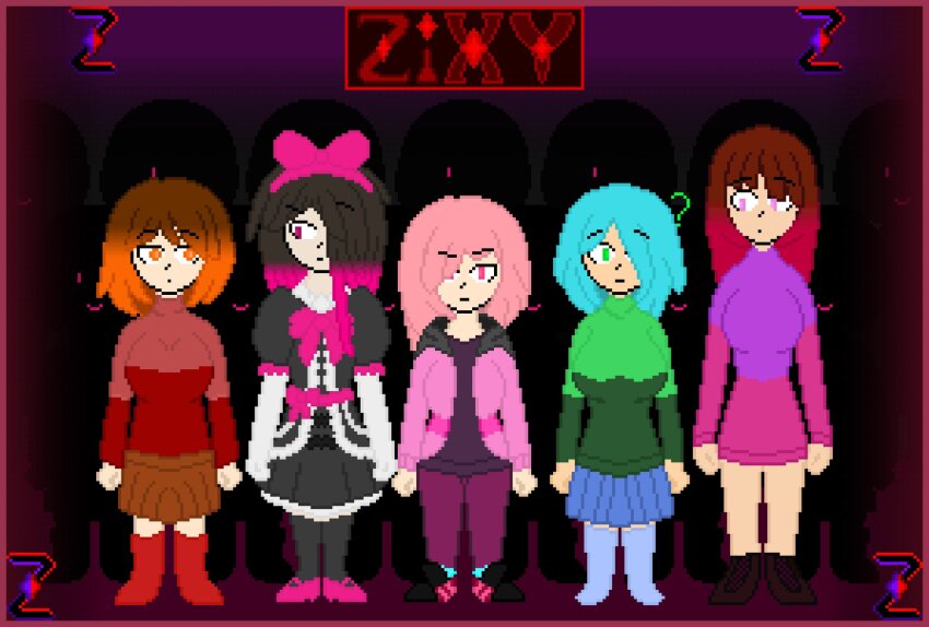 amber_lightvale bete_noire black_hair blue_hair blue_skirt brown_hair efra glitchtale green_shirt highres long_hair maid netty orange_hair orange_shirt orange_skirt pink_hair pixel_art shirt shoes short_hair skirt socks undertale vosetale zixy zixy_(artists)