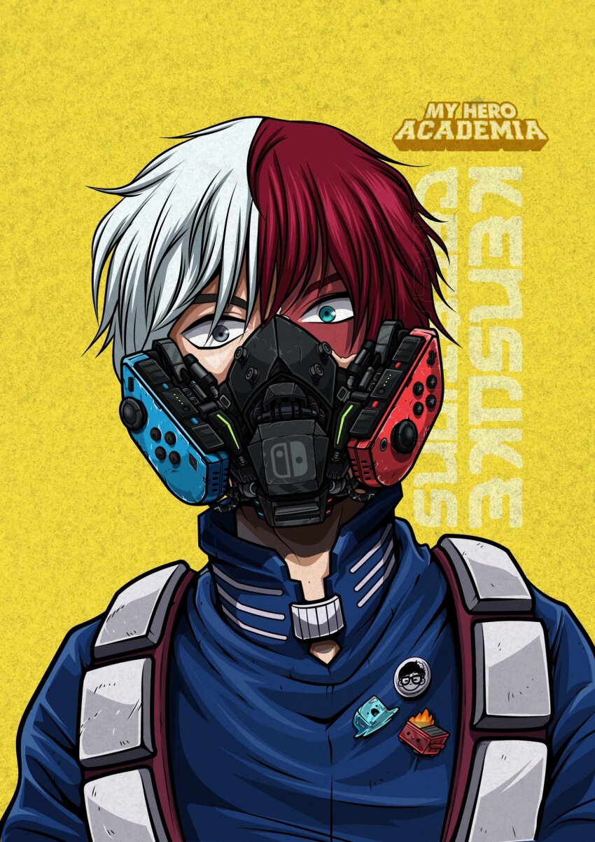 1boy artist_name blue_eyes boku_no_hero_academia commentary_request copyright_name eyebrows_hidden_by_hair gas_mask grey_eyes heterochromia highres joy-con kensuke_creations male_focus mask multicolored_hair pin red_hair solo split-color_hair todoroki_shouto two-tone_hair upper_body white_hair