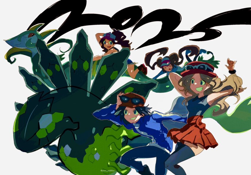 &gt;_&lt; 1boy 3girls black_hair blue_eyes blush brown_hair calem_(pokemon) commentary creatures_(company) game_freak gen_5_pokemon gen_6_pokemon green_eyes hat highres hilda_(pokemon) jacket legendary_pokemon long_hair multiple_girls nintendo open_mouth pokemon pokemon_(creature) pokemon_bw pokemon_bw2 pokemon_xy ponytail red_eyes rosa_(pokemon) serena_(pokemon) serperior shirt simple_background skirt smile sunglasses symbol-only_commentary thighhighs twintails twitter_username white_background zs_(zero_sickkkzs) zygarde zygarde_(50%)