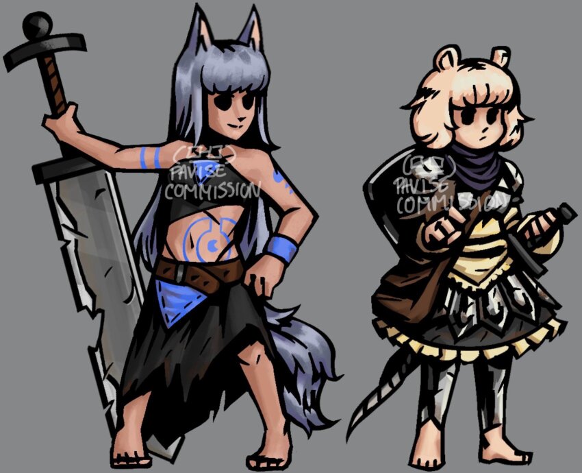 2girls animal_ears arm_tattoo armor barefoot belt black_scarf black_skirt black_tube_top blonde_hair blunt_bangs breasts brown_belt closed_mouth commentary commission darkest_dungeon english_commentary frilled_skirt frills full_body greatsword grey_background grey_hair highres holding holding_sword holding_weapon long_hair looking_afar matti_the_paladin_mouse merran_the_steeltooth_wolf midriff mouse_ears mouse_girl mouse_tail multiple_girls navel pauldrons pavise_pavisnt rabbit_and_steel scarf shield shield_on_back shin_guards shirt shoulder_armor simple_background skirt small_breasts smile standing stomach_tattoo strapless sword tail tattoo torn_clothes torn_skirt tube_top very_long_hair weapon wolf_ears wolf_girl wolf_tail wristband yellow_shirt