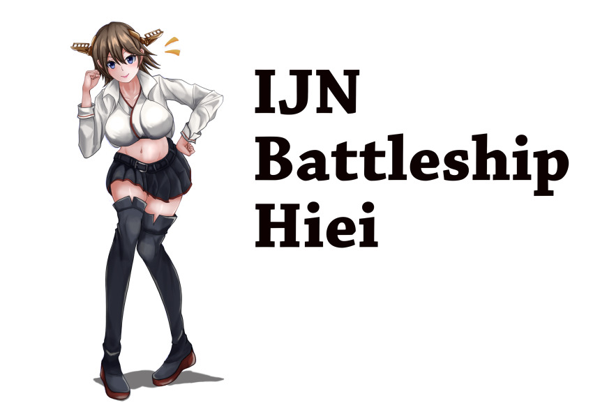 1girl absurdres black_skirt blue_eyes boots breasts brown_hair character_name cropped_jacket flipped_hair headgear hiei_(kancolle) hiei_(race_queen)_(kancolle) hiei_kai_ni_(kancolle) highres jacket kantai_collection large_breasts miniskirt official_alternate_costume pleated_skirt popped_collar race_queen skirt smile solo standing thigh_boots white_jacket yasakae_(coumin_c)