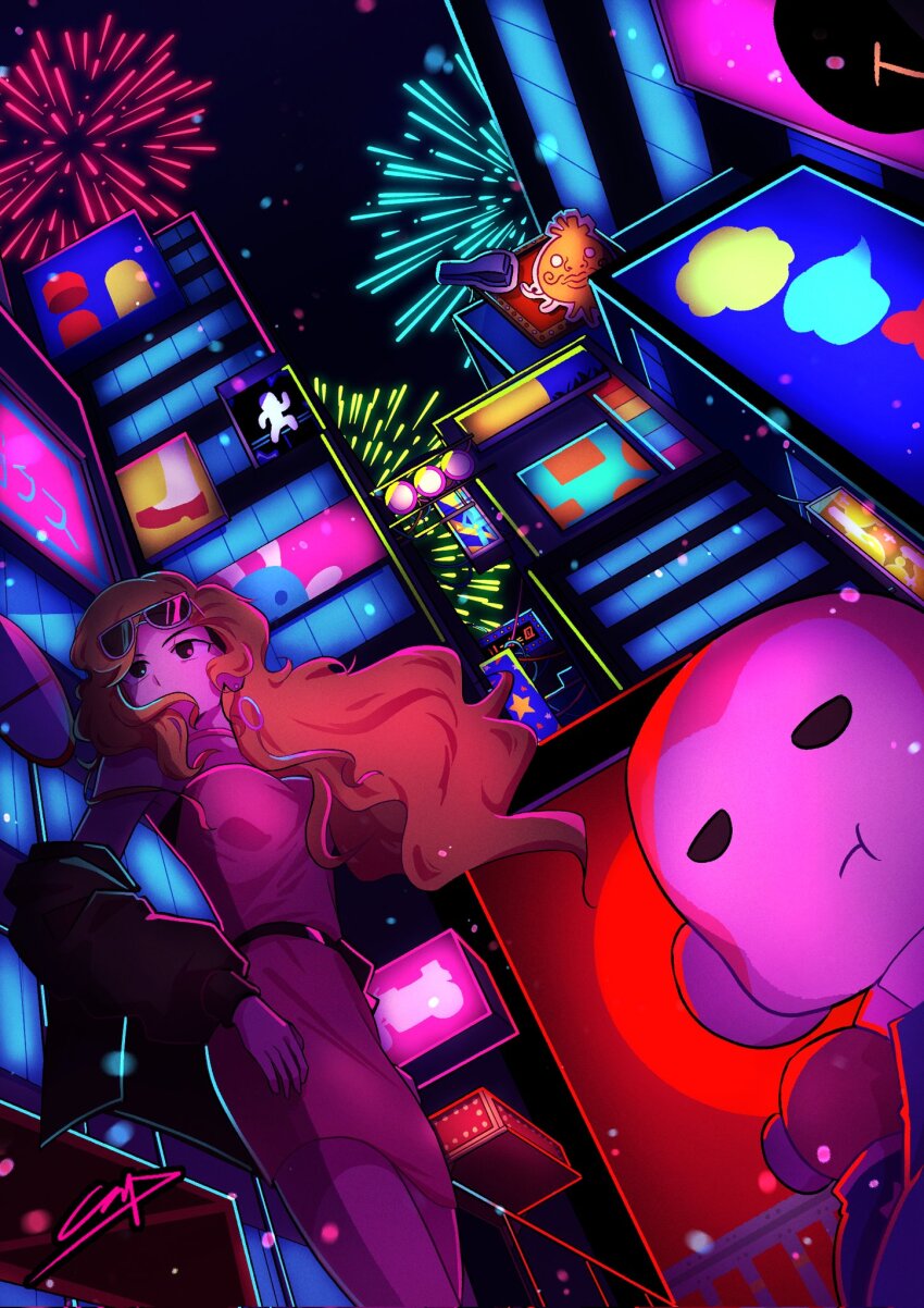 1girl alien_bunny_(warioware) animal black_eyes black_jacket blonde_hair blue_jacket breasts city city_lights closed_mouth commentary dress earrings english_commentary fireworks hair_vegetable highres jacket jangbar_rhythm jewelry long_hair looking_back looking_to_the_side medium_breasts monkey_(rhythm_tengoku) night night_sky nintendo off-shoulder_dress off_shoulder pink_dress play-yan rhythm_tengoku short_dress single_earring sky sunglasses warioware yuka_(rhythm_tengoku)