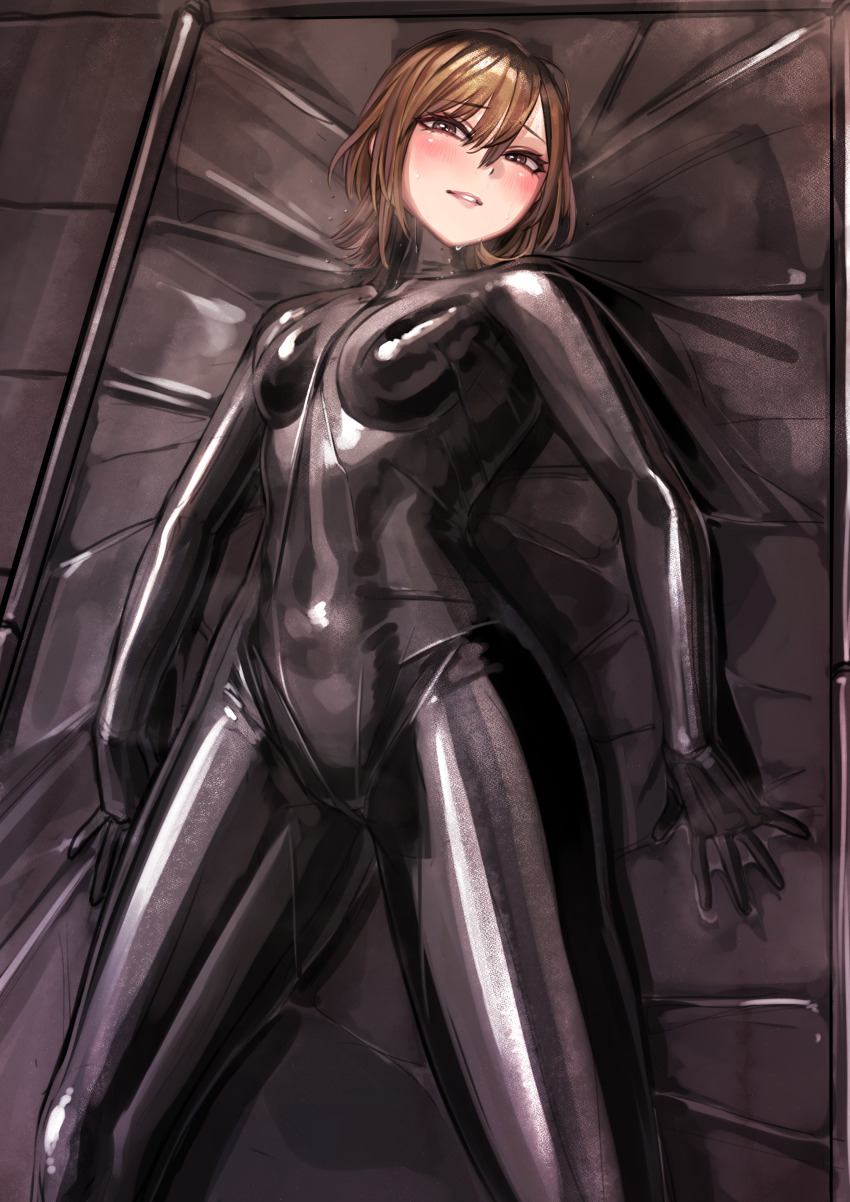 1girl absurdres blush bodysuit breasts brown_hair gloves grey_eyes highres kilye_kairi large_breasts latex looking_at_viewer medium_breasts original short_hair skin_tight solo sweat vacuum_bed