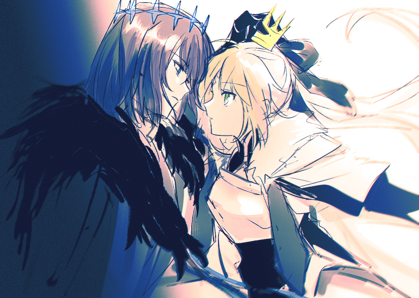 1boy 1girl aki_(neyuki41028) artoria_caster_(fate) artoria_pendragon_(fate) black_gloves blonde_hair blue_eyes cape crown diamond_hairband eye_contact fate/grand_order fate_(series) fur-trimmed_cape fur_trim gloves green_eyes grey_hair long_hair looking_at_another oberon_(fate) parted_lips short_hair sketch