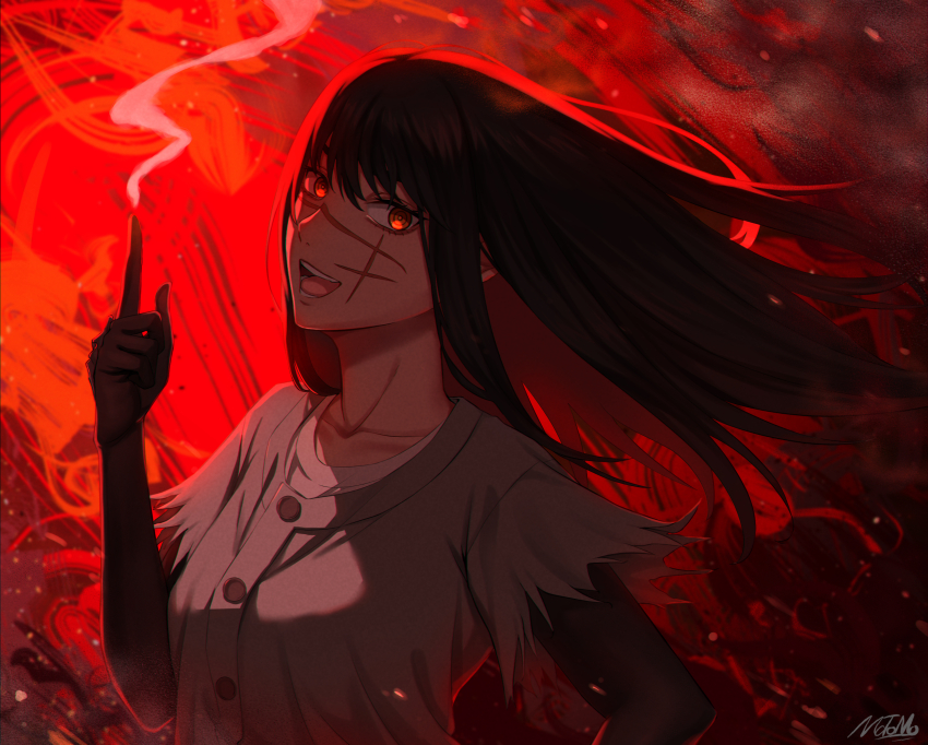 1girl artist_name black_hair chainsaw_man facial_scar grey_shirt highres index_finger_raised long_hair looking_at_viewer matomo open_mouth red_eyes scar scar_on_cheek scar_on_face shirt smoke solo teeth torn_clothes torn_sleeves yoru_(chainsaw_man)