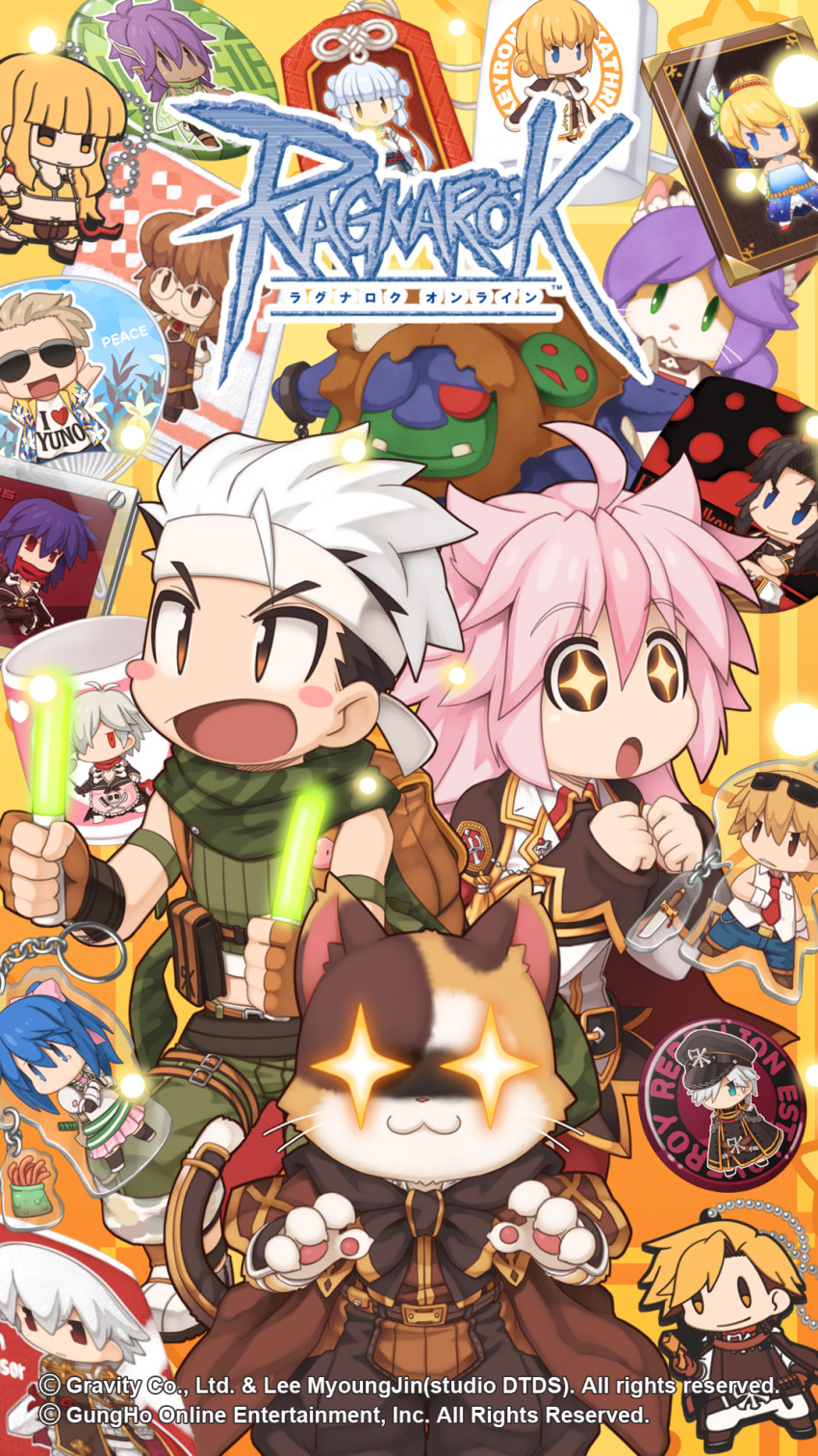 +_+ 1girl 2boys :3 ahoge alexander_digotz animal_ears assassin_cross_(ragnarok_online) bad_id bad_pixiv_id belt belt_pouch blazer blush_stickers brown_belt brown_capelet brown_eyes brown_gloves brown_shirt camouflage_scarf capelet caprese_(ragnarok_online) card cat_boy cat_ears cecil_damon character_charm character_doll charm_(object) closed_mouth collared_shirt copyright_notice cowboy_shot crop_top cup elena_bolkova elly_(ragnarok_online) eremes_guile est_loveroy fingerless_gloves furry furry_male genetic_(ragnarok_online) gloves glowstick green_scarf green_shirt green_shorts hand_fan headband high_wizard_(ragnarok_online) highres hishieh holding holding_glowstick jacket kafra_uniform kathryne_keyron lazy_(ragnarok_online) logo long_hair lucky_(ragnarok_online) mug multiple_boys official_alternate_costume official_art official_wallpaper open_mouth penlight_(glowstick) penomena playing_card pouch ragnarok_online ranger_(ragnarok_online) rebellion_(ragnarok_online) red_shirt scarf seyren_windsor shiki_(ragnarok_online) shirt short_hair shorts shy_(ragnarok_online) sleeveless sleeveless_shirt smile sniper_(ragnarok_online) spica_nerius spica_parfait stephen_jack_ernest_wolf summoner_(ragnarok_online) undercut white_hair white_headband white_jacket yellow_background yuichirou