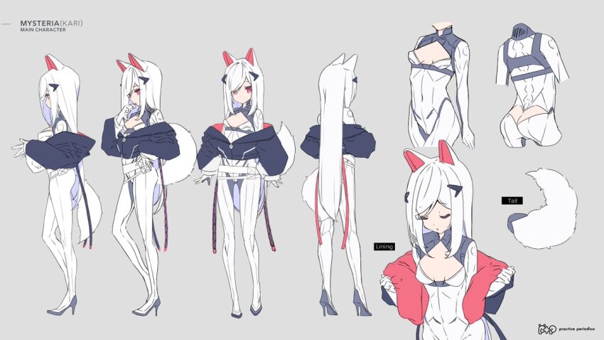 1girl animal_ears black_jacket bodysuit breasts character_sheet closed_mouth commentary_request grey_background hair_ornament hair_over_one_eye high_heels jacket long_hair long_sleeves multiple_views off_shoulder open_clothes open_jacket original p19 puffy_long_sleeves puffy_sleeves red_eyes simple_background sleeves_past_wrists small_breasts tail very_long_hair white_bodysuit white_hair