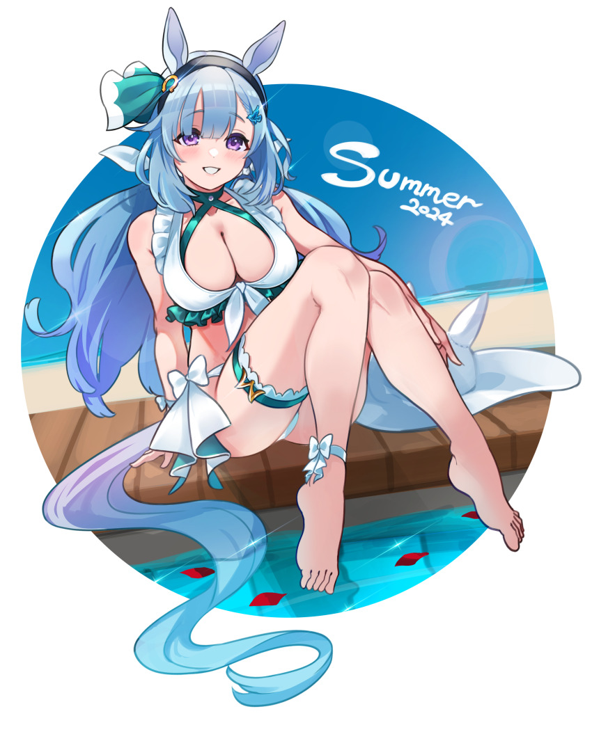 1girl 2024 absurdres animal_ears barefoot bikini blue_hair breasts cleavage commentary_request hair_ornament highres horse_ears horse_girl horse_tail long_hair looking_at_viewer mejiro_ardan_(umamusume) purple_eyes sitting smile solo swimsuit tail thigh_strap umamusume white_bikini yokoji_(kodai2015)