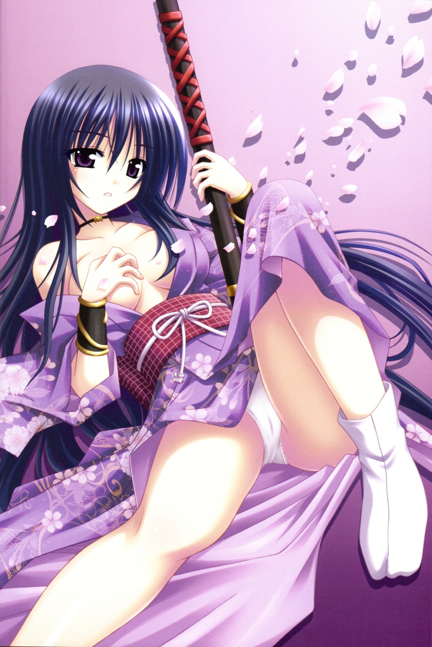 1girl absurdres bare_shoulders blue_hair blush bracelet breasts cameltoe cherry_blossoms choker cleavage covering_breasts covering_privates embarrassed female_focus floral_print grabbing_another&#039;s_breast grabbing_own_breast groping hair_over_breasts highres holding japanese_clothes jewelry kimono large_breasts leg_up legs long_hair looking_at_viewer lying matra_milan no_bra noihara_himari obi off_shoulder official_art omamori_himari on_back open_clothes open_shirt panties pantyshot petals purple_eyes sash scan sheath shirt sidelocks socks solo spread_legs underwear very_long_hair white_panties