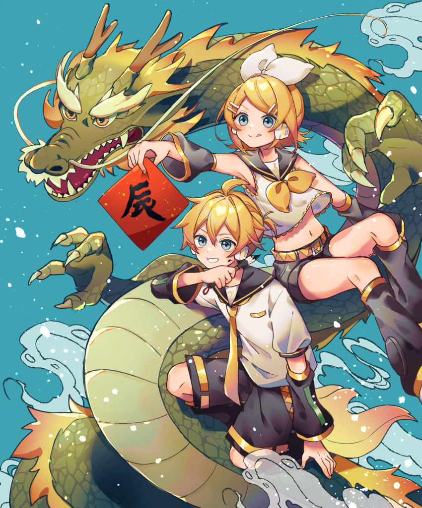 1boy 1girl :q ahoge arm_warmers bare_legs belt black_leg_warmers black_sailor_collar black_shorts blonde_hair blue_background blue_eyes bow commentary dragon eastern_dragon feet_out_of_frame flag gold_trim grin hair_bow headphones highres holding holding_brush holding_flag kagamine_len kagamine_rin leg_warmers midriff neckerchief necktie parted_bangs sailor_collar sazanami_(ripple1996) shirt short_hair short_sleeves shorts simple_background sleeveless sleeveless_shirt smile tongue tongue_out vocaloid white_bow white_shirt yellow_belt yellow_neckerchief yellow_necktie