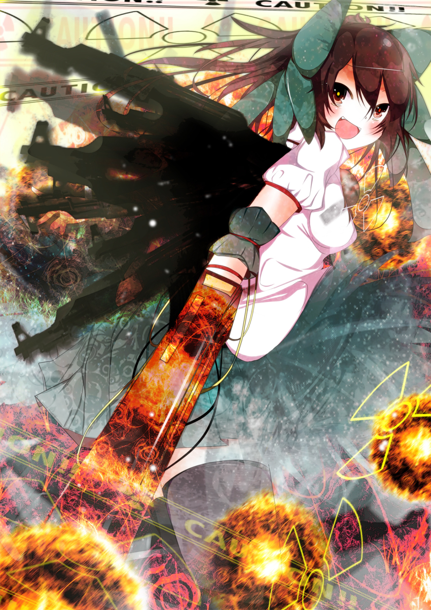 1girl alternate_weapon arm_cannon artist_request blush_stickers bow brown_hair caution energy female_focus gun hair_bow highres long_hair nmaaaaa radiation_symbol red_eyes reiuji_utsuho short_sleeves skirt solo thighhighs third_eye touhou weapon wings