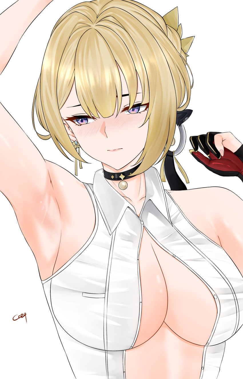 1girl absurdres arm_up armpits averting_eyes bare_shoulders black_choker blonde_hair blush breasts cenotzsex choker cleavage collarbone collared_shirt commentary earrings elbow_gloves english_commentary evelyn_chevalier gloves hair_up highres jewelry large_breasts partially_unbuttoned pendant_choker purple_eyes ring_hair_ornament shirt short_hair signature simple_background single_elbow_glove sleeveless sleeveless_shirt solo uneven_bangs white_background white_shirt zenless_zone_zero