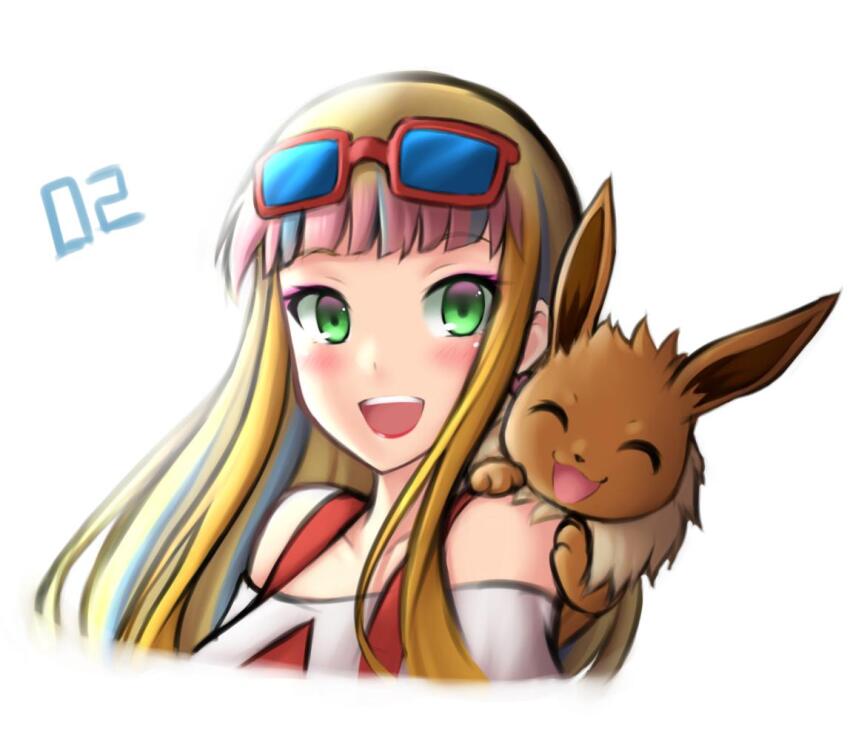 1girl bare_shoulders blonde_hair blue_hair blunt_bangs creatures_(company) eevee eyewear_on_head game_freak gen_1_pokemon green_eyes gyaru long_hair looking_at_viewer multicolored_hair nintendo open_mouth pinguinkotak pink_hair pokemon pokemon_(anime) pokemon_(creature) pokemon_the_movie:_the_power_of_us risa_(pokemon) sunglasses teeth upper_body upper_teeth_only white_background