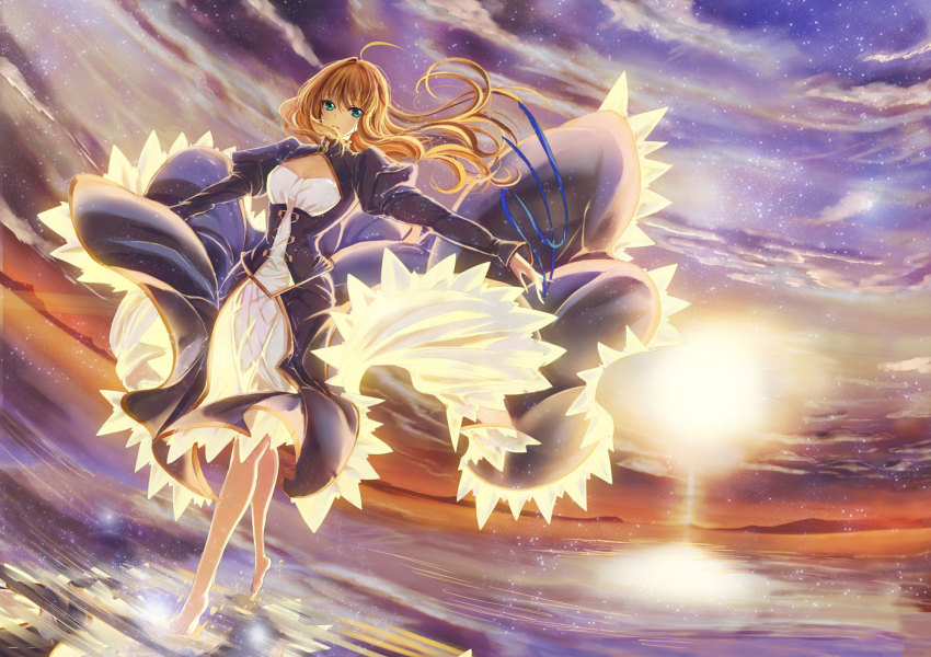 1girl aqua_eyes artoria_pendragon_(fate) barefoot blonde_hair cloud dress fate/stay_night fate_(series) long_hair ribbon saber_(fate) sky sunset water yuki_hikari