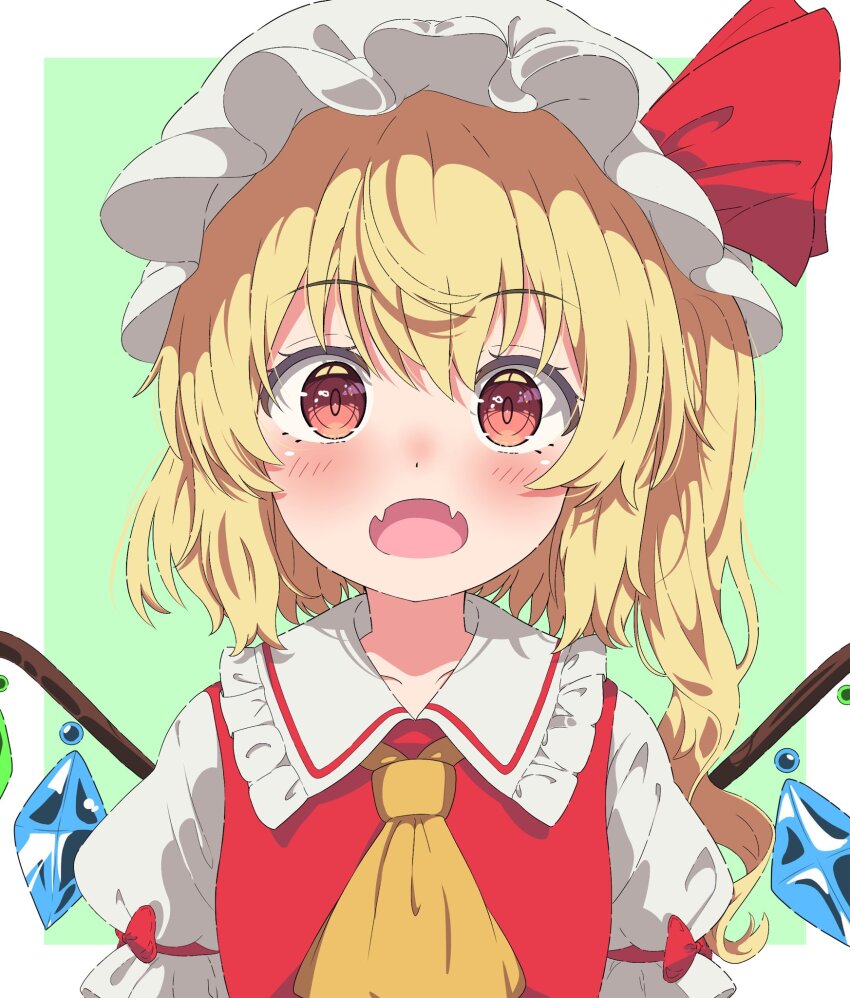 1girl blonde_hair blush bow collarbone collared_shirt commentary_request crystal_wings fangs flandre_scarlet hair_between_eyes hat hat_bow highres long_hair looking_at_viewer mob_cap neckerchief open_mouth puffy_sleeves red_bow red_eyes red_ribbon red_vest ribbon setsugetsuka436 shirt side_ponytail simple_background skin_fangs sleeve_bow sleeve_ribbon solo touhou upper_body vest white_shirt yellow_neckerchief