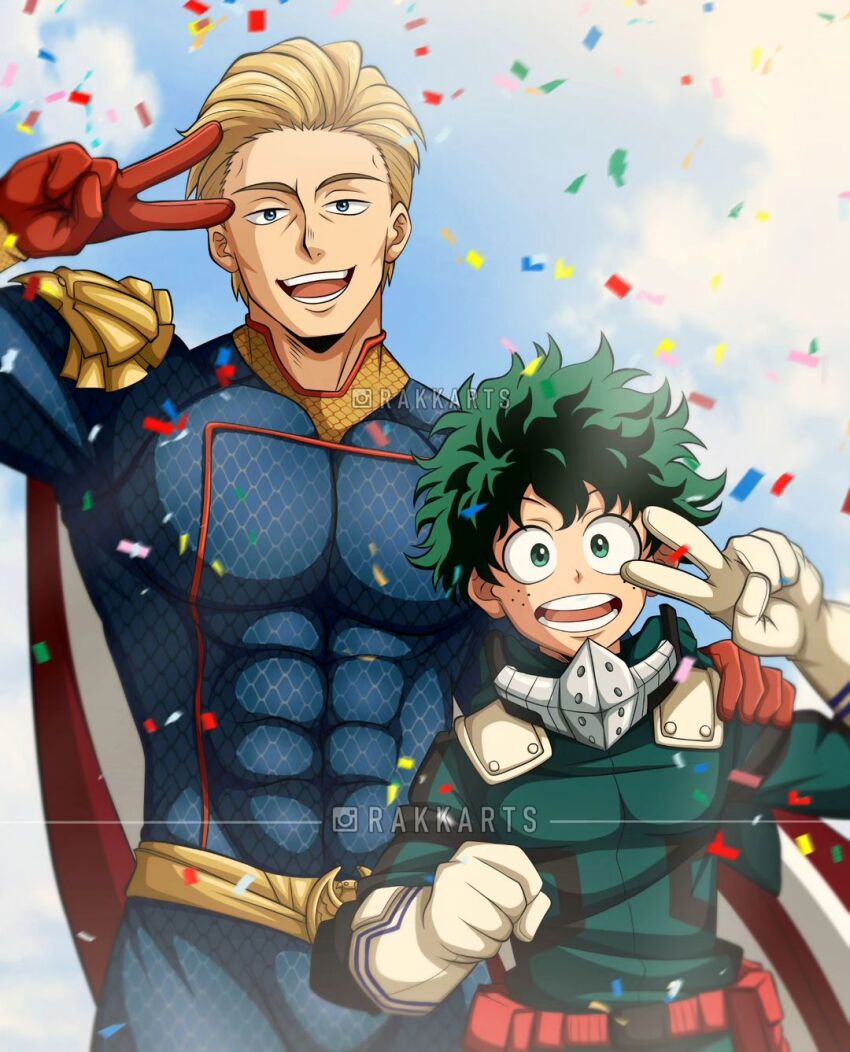 2boys artist_name belt blonde_hair blue_bodysuit blue_eyes bodysuit boku_no_hero_academia cape confetti covered_abs crossover day gloves green_bodysuit green_hair hand_on_another&#039;s_shoulder highres homelander instagram_logo instagram_username looking_at_viewer midoriya_izuku multiple_boys open_mouth outdoors rakara11_(rakkarts) red_cape red_gloves short_hair striped_cape superhero_costume teeth the_boys two-tone_cape v white_cape white_gloves