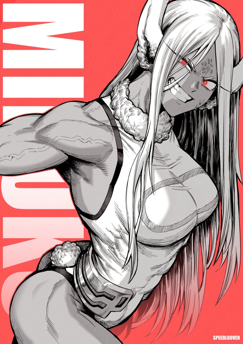 1girl absurdres angry animal_ears artist_name ass bare_shoulders boku_no_hero_academia breasts character_name clenched_teeth clothing_cutout commentary covered_abs covered_navel crescent_print english_commentary fur_collar greyscale_with_colored_background hair_between_eyes highleg highleg_leotard highres large_breasts leotard long_eyelashes long_hair looking_at_viewer mirko muscular muscular_arms muscular_ass muscular_female muscular_legs parted_bangs rabbit_ears rabbit_girl rabbit_tail red_background red_eyes sleeveless_turtleneck_leotard solo speedl00ver spot_color tail tail_through_clothes taut_leotard teeth thighs toned toned_female uneven_eyes veins veiny_arms very_long_hair