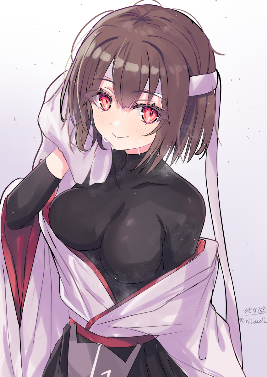 1girl absurdres black_hakama black_shirt breasts brown_hair hakama headband highres hizaka hyuuga_(kancolle) hyuuga_kai_ni_(kancolle) impossible_clothes impossible_shirt japanese_clothes kantai_collection kimono large_breasts looking_at_viewer one-hour_drawing_challenge shirt short_hair smile solo sweater towel undershirt upper_body white_headband white_kimono