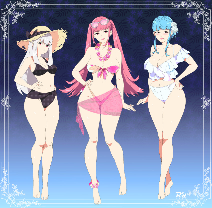 3girls absurdres alternate_breast_size alternate_costume artist_logo artist_name bikini black_bikini black_bow blue_background blue_hair blunt_bangs blush bow braid breasts brown_eyes closed_mouth collarbone crown_braid eyelashes feet fire_emblem fire_emblem:_three_houses floral_background flower frilled_bikini frills front-tie_bikini_top front-tie_top gradient_background grey_hair hair_flower hair_ornament hand_on_own_hip hands_on_own_hips hat hat_bow highres hilda_valentine_goneril large_breasts legs lips logo long_hair looking_at_viewer lysithea_von_ordelia marianne_von_edmund medium_breasts multiple_girls navel nintendo patterned_clothing pink_eyes pink_lips r3dfive short_hair_with_long_locks sidelocks smile straw_hat swimsuit thighs tiptoes toenails toes twintails very_long_hair white_bikini