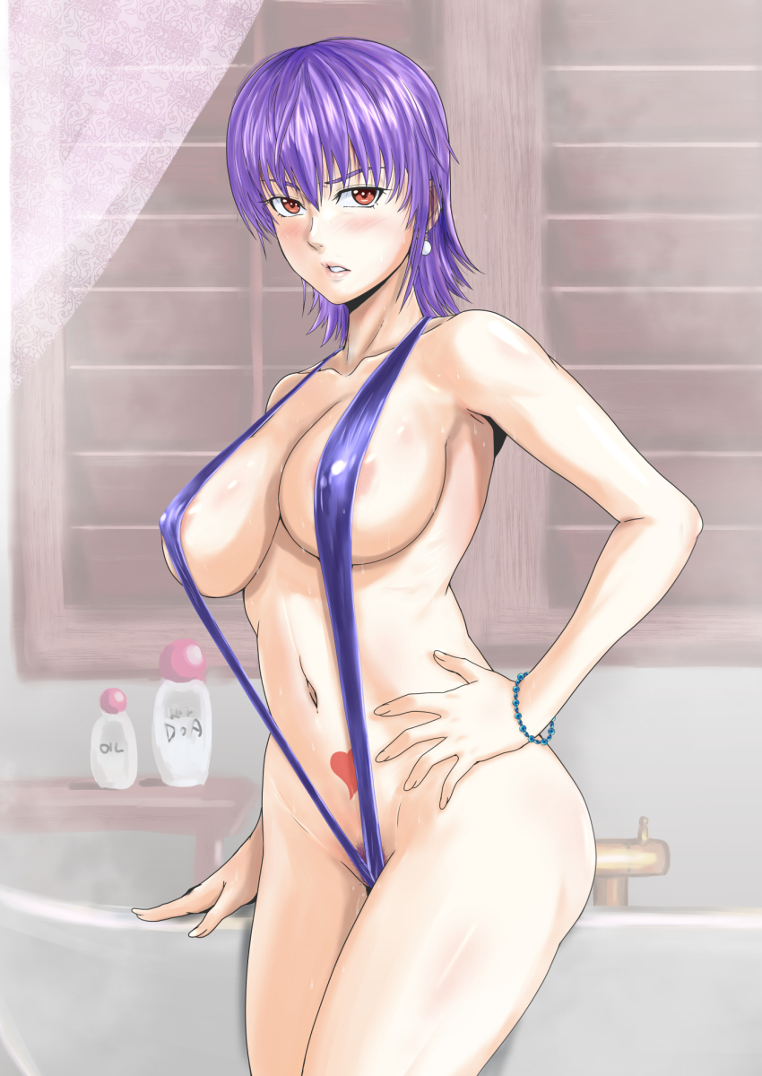 1girl areola_slip ayane_(doa) blush breasts covered_erect_nipples dashigara_100 dead_or_alive highres large_breasts looking_at_viewer navel parted_lips purple_hair red_eyes slingshot_swimsuit solo standing swimsuit