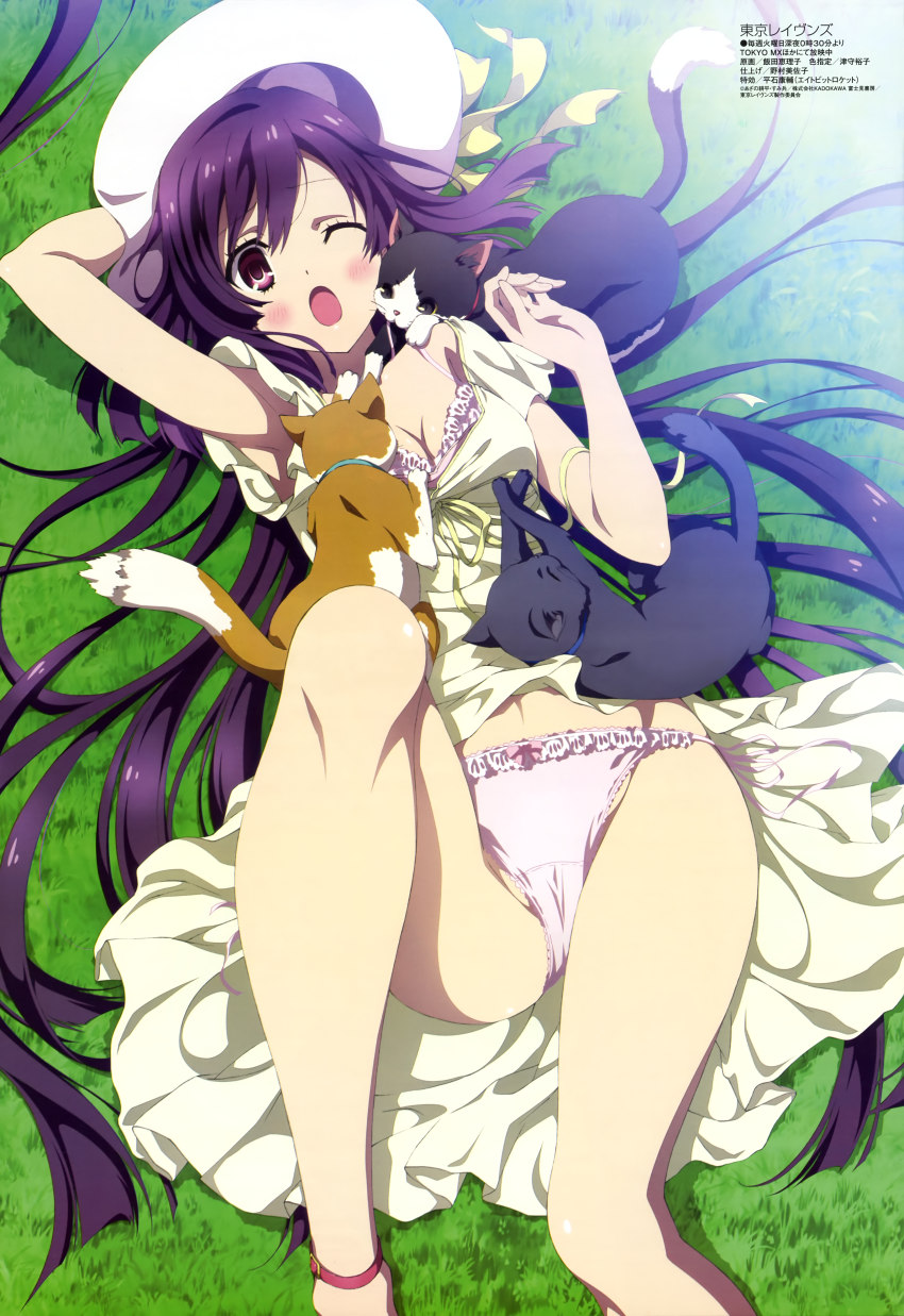 10s 1girl ;o absurdres blush bra breasts cameltoe cat cleavage dress female_focus hat highres iida_eriko legs long_hair long_legs megami_magazine non-web_source official_art one_eye_closed open_mouth panties purple_hair solo tokyo_ravens tsuchimikado_natsume underwear very_long_hair wink