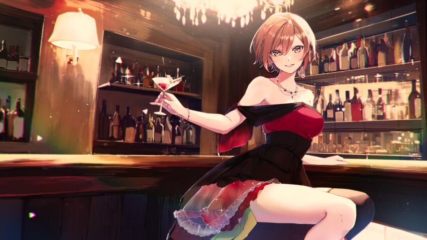 1girl asymmetrical_legwear bar_(place) bottle bracelet braid breasts brown_eyes brown_hair chandelier cleavage cocktail cocktail_glass cup dress drinking_glass grin highres holding holding_cup jewelry meiko_(vocaloid) necklace red_dress second-party_source shelf single_thighhigh sitting smile solo sparkle thighhighs vocaloid yen-mi