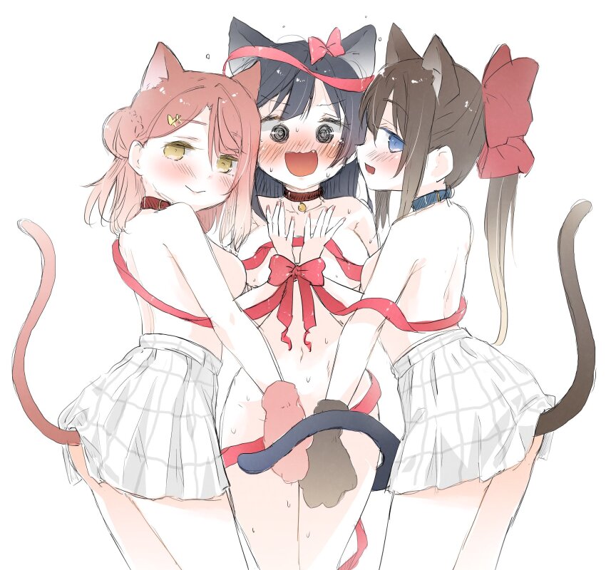 3girls :d @_@ animal_collar animal_ears animal_hands ast azuna_(love_live!) back black_hair blue_collar blue_eyes blush bow breasts brown_hair cat_ears cat_girl cat_tail closed_mouth collar commentary completely_nude cowboy_shot gloves grey_eyes hair_bow highres kemonomimi_mode long_hair love_live! love_live!_nijigasaki_high_school_idol_club medium_breasts medium_hair miniskirt multiple_girls nervous_smile nose_blush nude open_mouth osaka_shizuku paw_gloves pink_hair plaid_clothes plaid_skirt pleated_skirt ponytail red_bow red_collar red_ribbon ribbon sidelocks simple_background skirt smile sweat tail topless uehara_ayumu very_sweaty white_background white_skirt yellow_eyes yuki_setsuna yuri