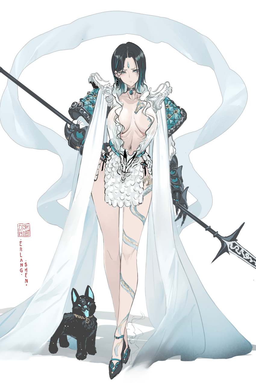 1girl absurdres alternate_costume alternate_design black_choker black_dog black_footwear black_hair black_myth:_wukong blue_eyes blush breasts center_opening character_name character_request check_character check_copyright choker commentary copyright_request dishwasher1910 earrings erlang_(black_myth:_wukong) full_body gauntlets genderswap genderswap_(mtf) high_heels highres holding holding_polearm holding_weapon jewelry large_breasts linea_alba looking_at_viewer medium_hair mole_beside_mouth multicolored_hair navel polearm signature solo spear streaked_hair third_eye weapon white_background