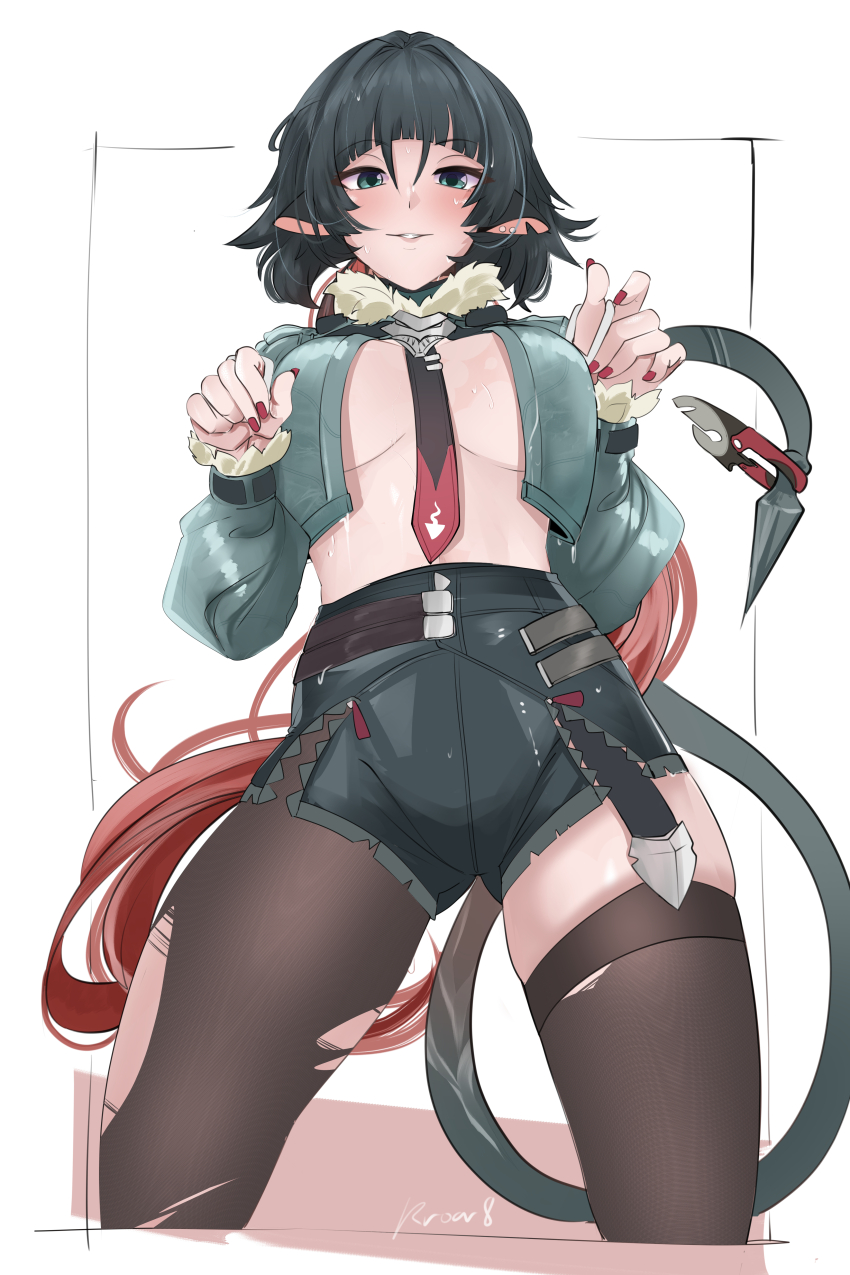 1girl absurdres black_pantyhose black_shorts blunt_bangs cowboy_shot fingernails fur-trimmed_jacket fur_trim green_eyes green_hair hair_between_eyes high-waist_shorts highres jacket jane_doe_(zenless_zone_zero) long_hair looking_at_viewer mouse_girl multicolored_hair nail_polish no_bra open_clothes open_jacket pantyhose red_hair red_nails rroar8 shorts sidelocks simple_background single_thighhigh solo tail thighhighs torn_clothes torn_pantyhose torn_thighhighs two-tone_hair wet white_background zenless_zone_zero